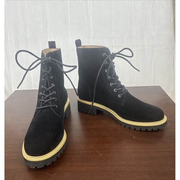 Mi.iM  Black Lace Up Combat Style Boots Brushed Velvet Fabric Goth Tactical - Picture 1 of 9